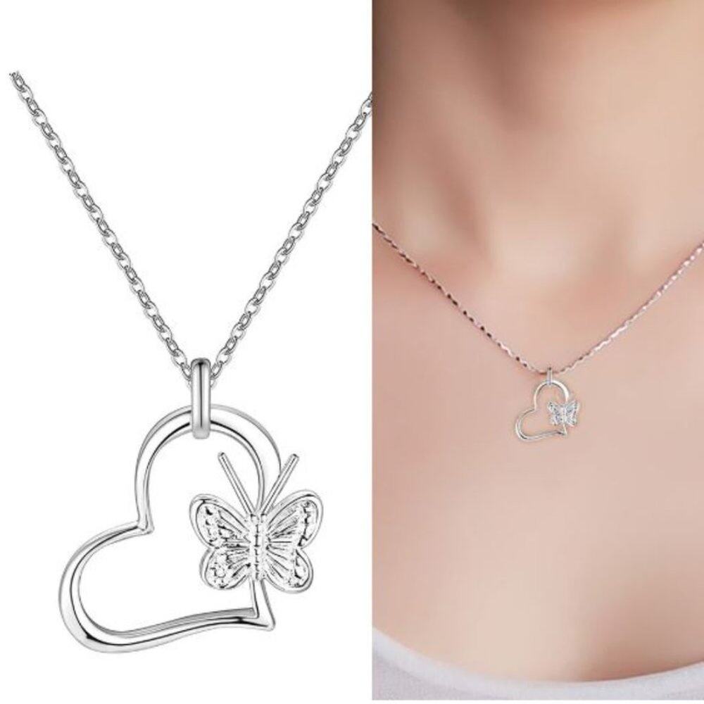 Silver Tone Heart with Butterfly Necklace